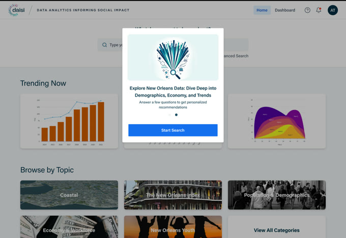DAISI dashboard with guided search onboarding